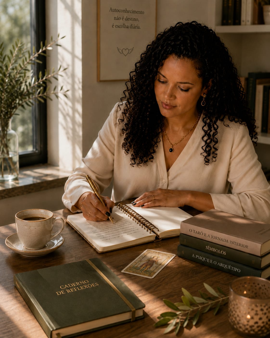 Angela escrevendo em seu caderno de reflexões