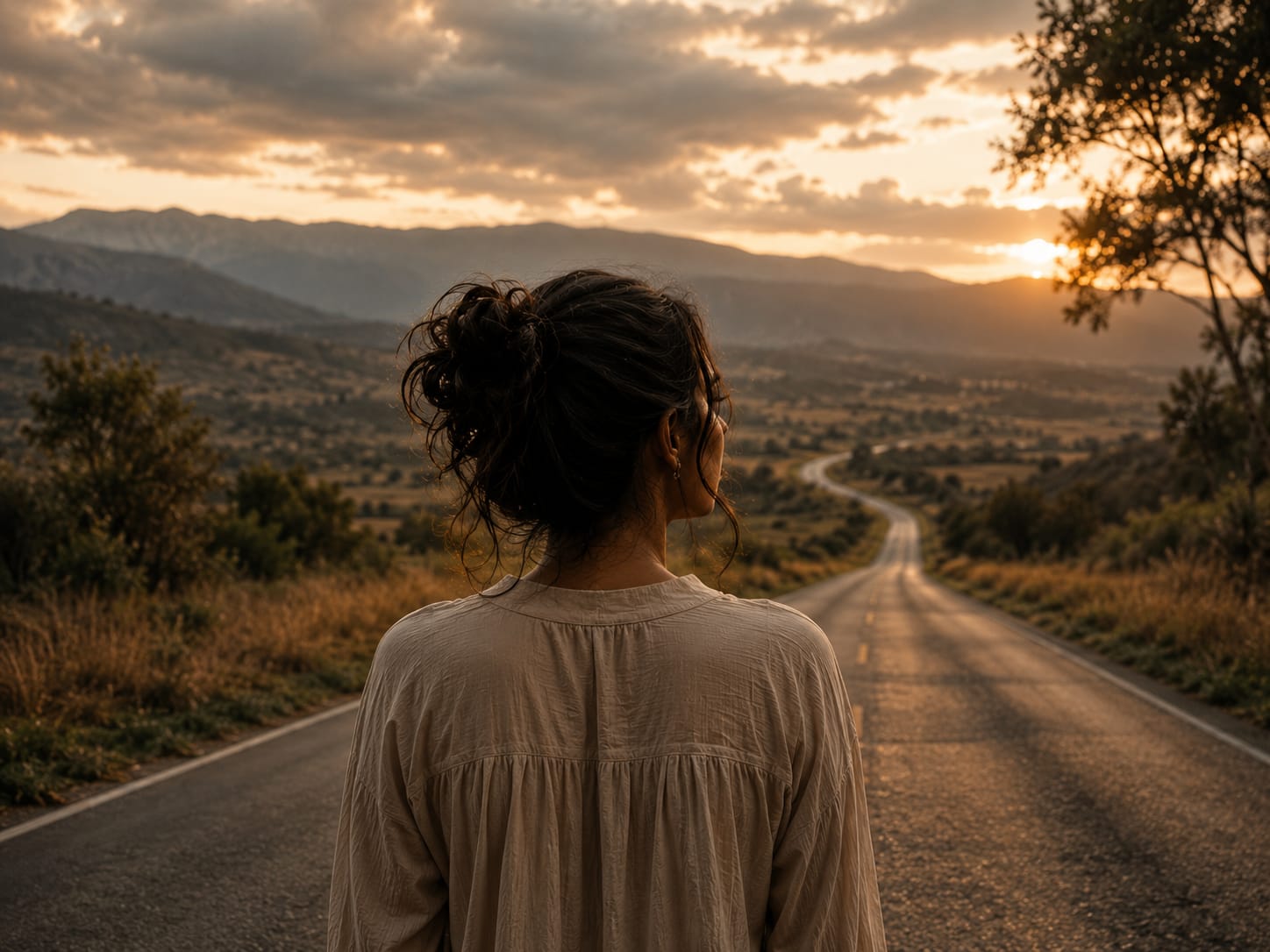 Mulher de costas diante de uma estrada ao entardecer