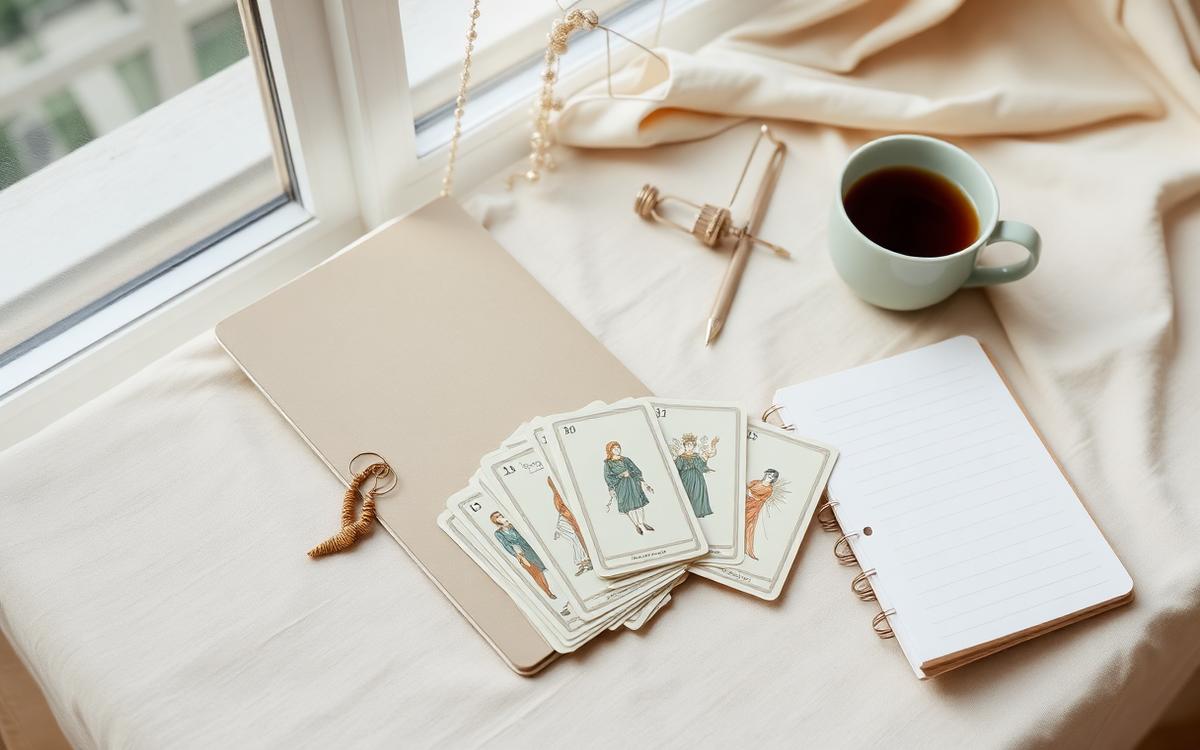 Cartas de Tarô sobre mesa de linho, ao lado de caderno e xícara de café, com luz natural