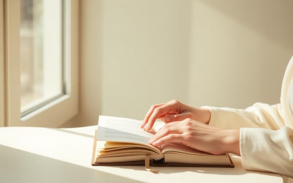 Mãos femininas apoiadas sobre um caderno aberto junto a uma janela com luz suave