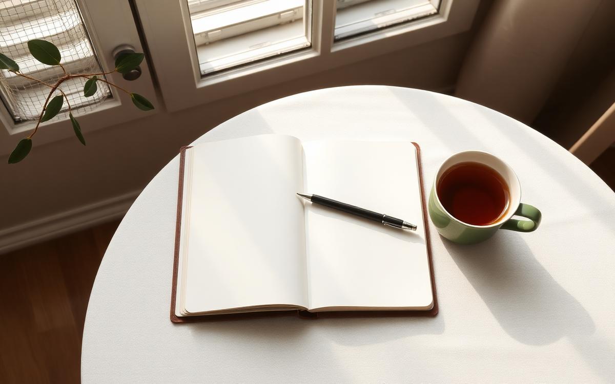 Caderno aberto em branco com caneta e xícara de chá sobre mesa clara com luz de janela