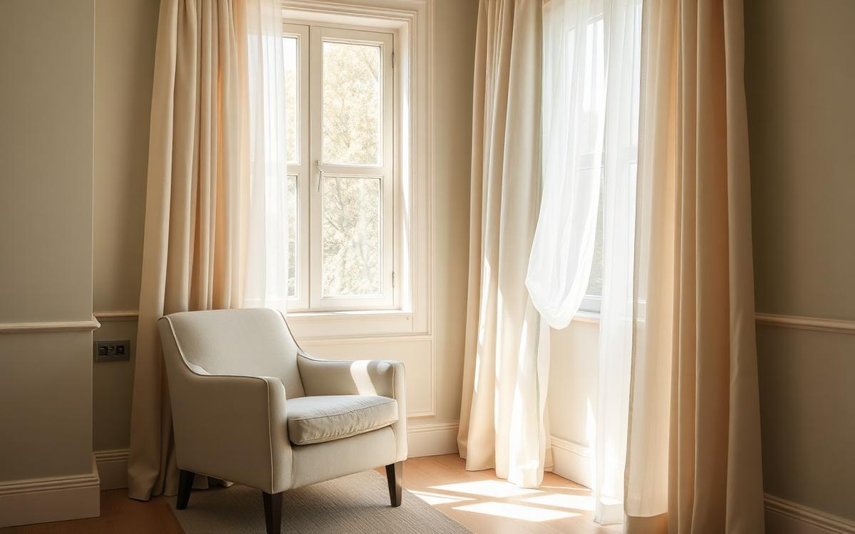 Poltrona clara junto a uma janela luminosa com cortinas leves, ambiente calmo