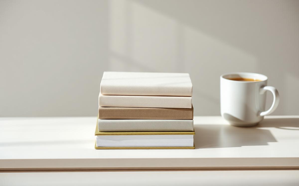 Pilha de livros de capas claras sobre mesa com xícara de café