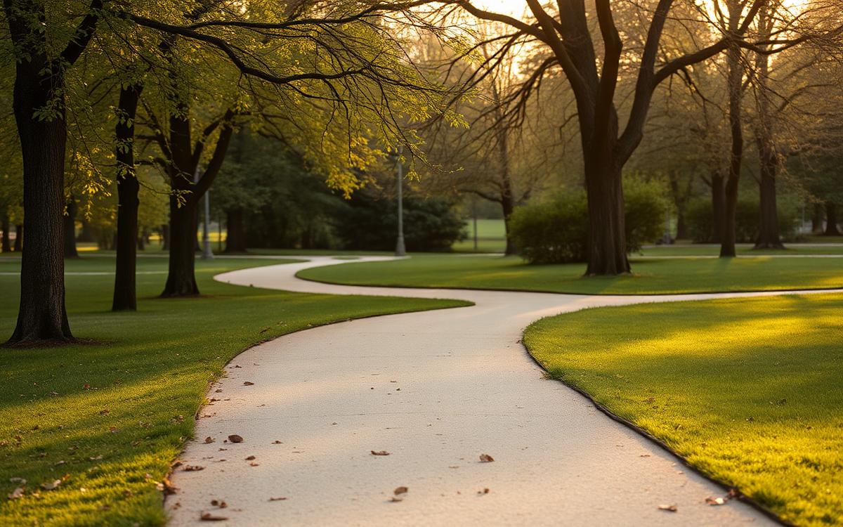 Caminho que se bifurca em um parque verde sob luz suave da manhã