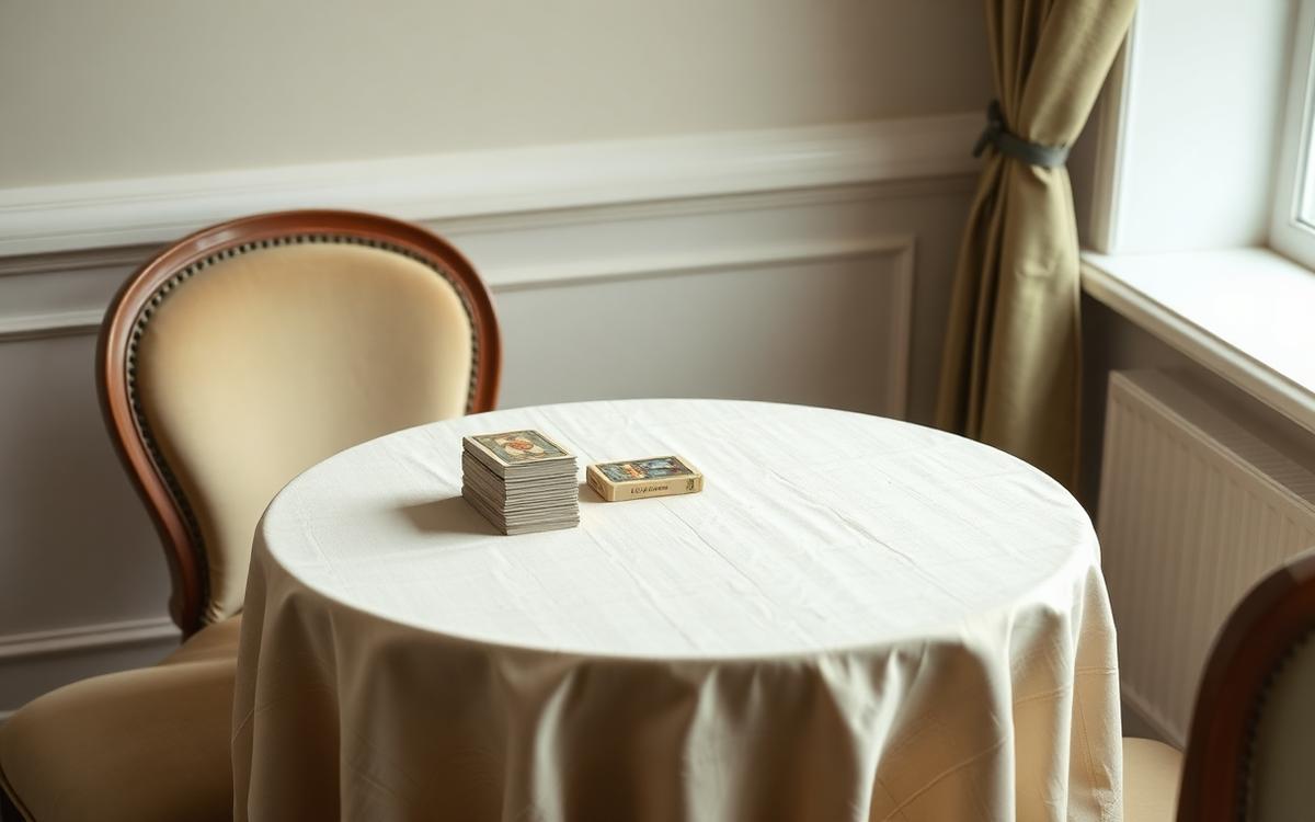 Mesa elegante com toalha de linho e baralho de Tarô junto a uma janela clara